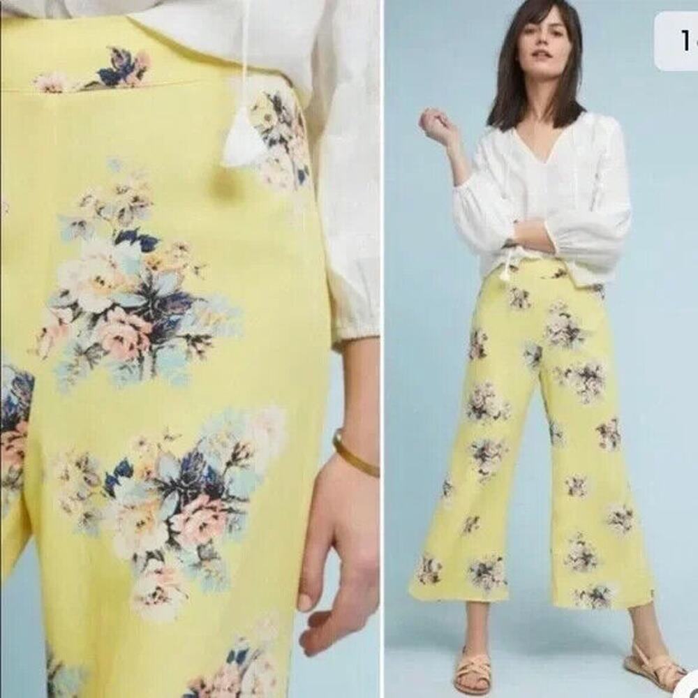 Anthropologie x Feather Bone Wide Leg Pants Yellow Floral Linen Blend Size 2 - Picture 3 of 13